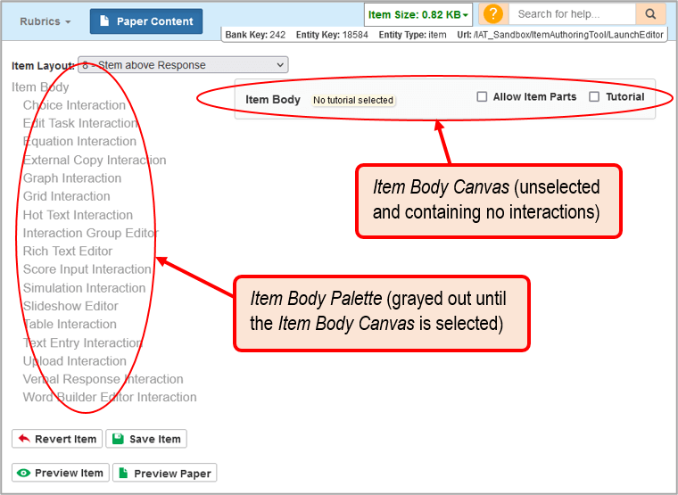 Item Authoring Tool homepage, with the Item Body Palette on the left and the Item Body Canvas on the right