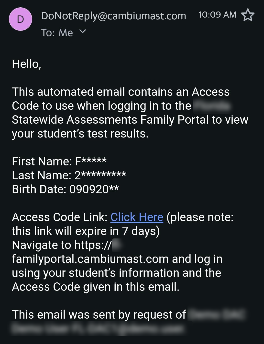 Shows automated email with text including the time-sensitive link for the Access Code
