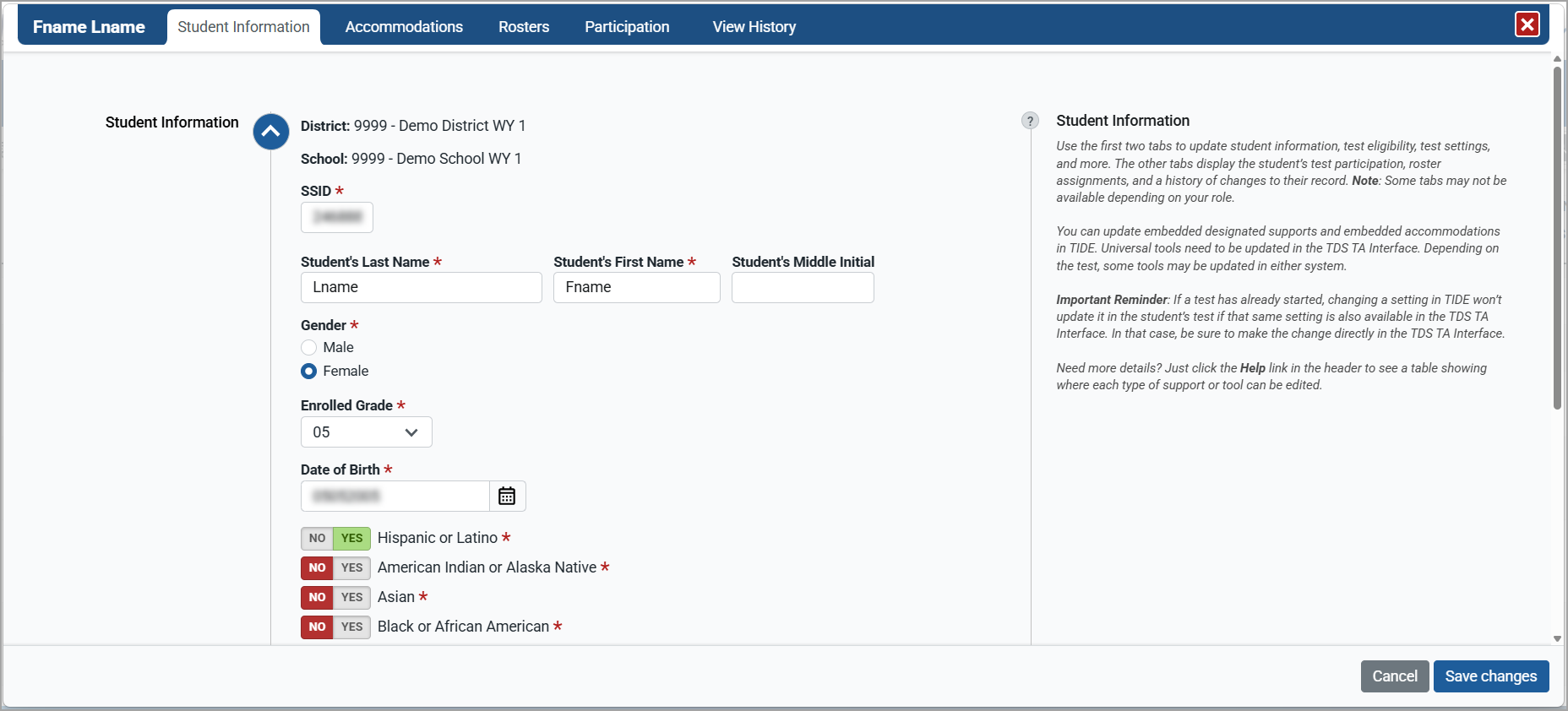 Shows the page to edit students
