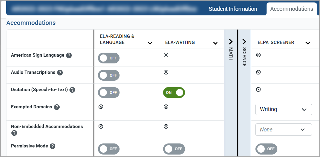 Shows the Accommodation tab with active focus panels to hide the content for Math and Science 