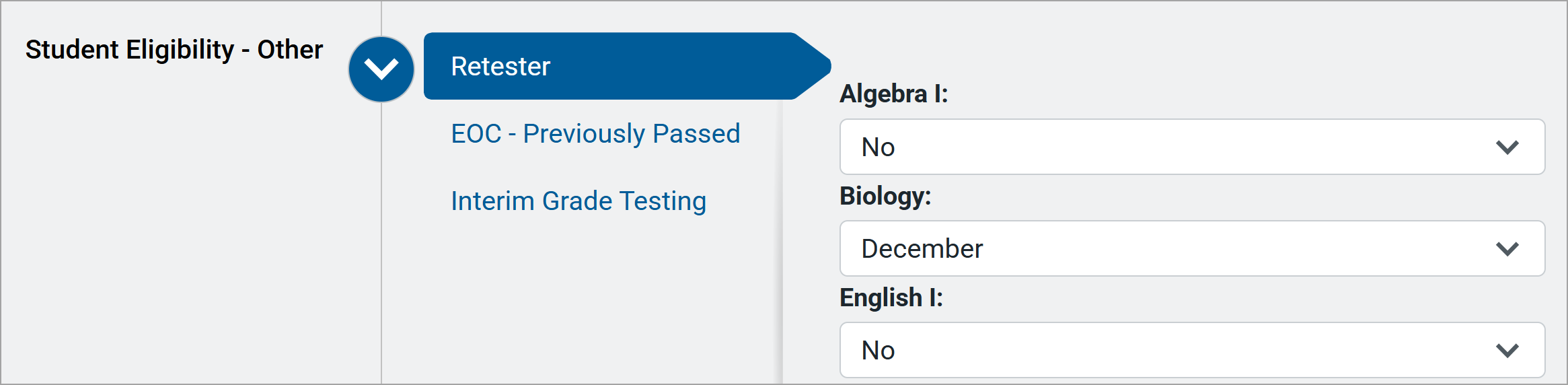 Shows ribbons or vertical tabs as categories to change settings on tests that display when the tab is selected