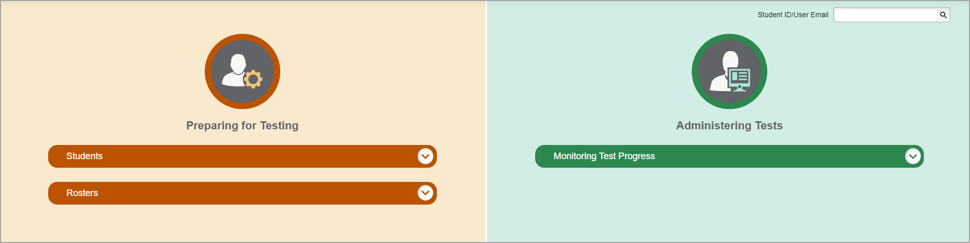 Dashboard displaying sections for before testing and during testing with task menus in each