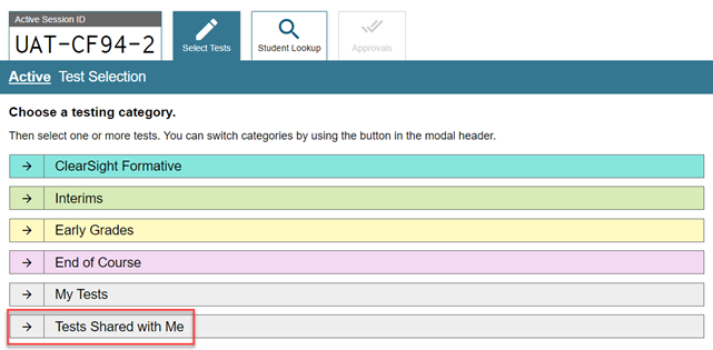 TDS Test Selection page allowing the user to select Tests Shared with Me.